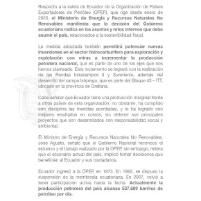 Comunicado oficial de Ecuador: Salen de la OPEP para incrementar su producción de&nbsp;petróleo