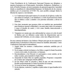 Conferencia Episcopal Peruana recomienda suspender misas en capillas pequeñas, seguirlas vía internet y saludarse a distancia, entre otras medidas en&nbsp;Comunicado