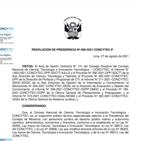 El Concytec de Perú aprobó y publicó nuevo Reglamento de Calificación, Clasificación y Registro de los investigadores del Sistema Nacional de Ciencia, Tecnología e Innovación Tecnológica –&nbsp;RENACYT