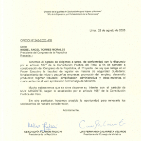 Poder Ejecutivo de Perú presentó a la Cámara de Diputados del Congreso su proyecto de delegación de facultades legislativas con 66 solicitudes en materia de seguridad ciudadana, fortalecimiento de micro y pequeñas empresas, promoción del empleo, desarrollo productivo, tributaria, simplificación administrativa y&nbsp;otras